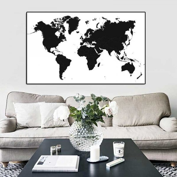 Tableau carte du monde noir et blanc