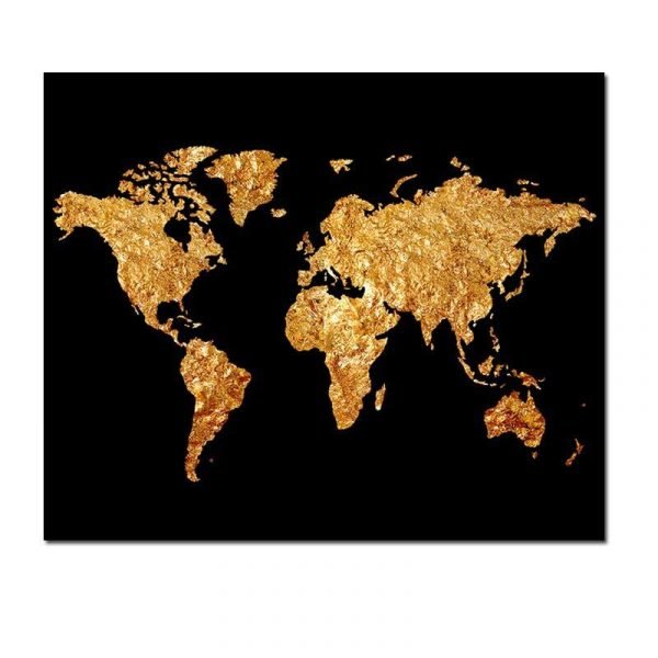 Toile carte du monde noir et or
