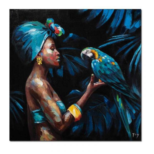 Toile femme africaine et perroquet