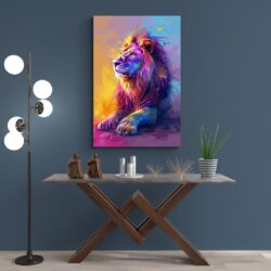 Tableau Lion Colore mur bleu