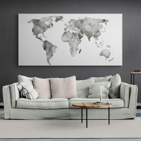 tableau carte du monde gris salon