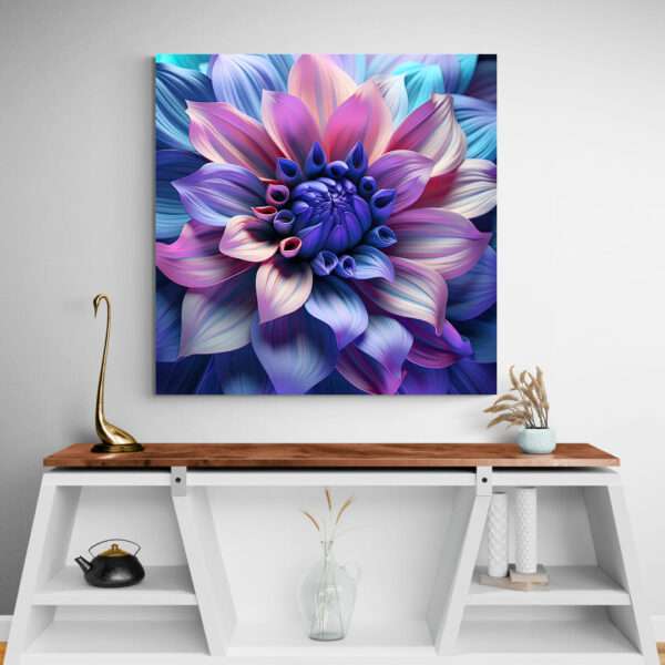 tableau peinture fleur bleue meuble blanc