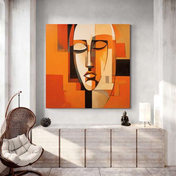 tableau visage abstrait couleur meuble bois