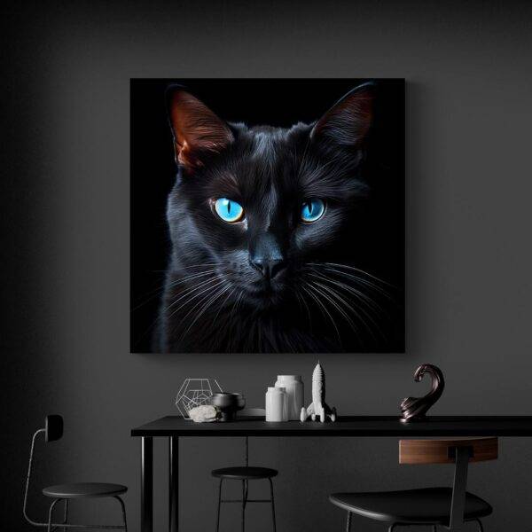 tableau chat noir yeux bleus mur noir
