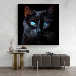 tableau chat noir yeux bleus salon moderne