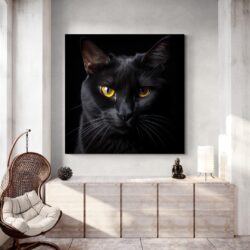 tableau chat noir yeux jaunes meuble bois