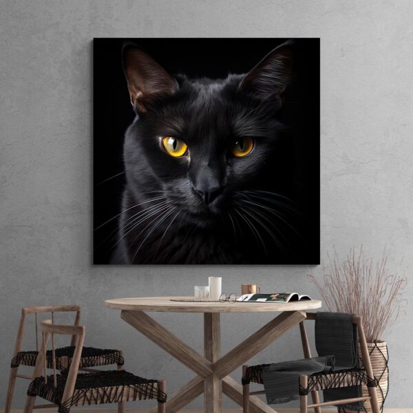 tableau chat noir yeux jaunes mur gris