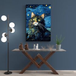 tableau de chat contemporain mur bleu