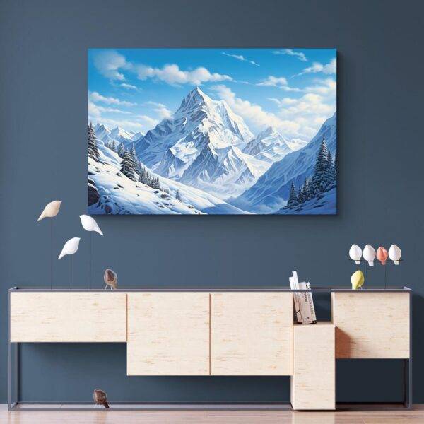 tableau neige montagne mur bleu