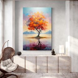 tableau peinture arbre orange deco moderne