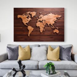 tableau carte du monde bois canape