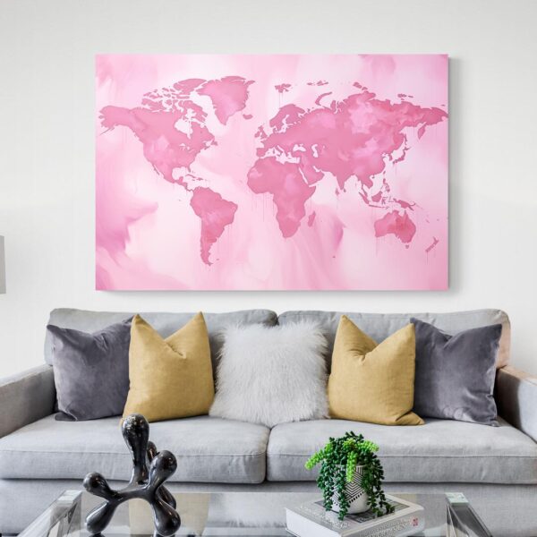 tableau carte du monde rose canape