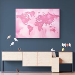 tableau carte du monde rose mur bleu