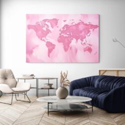 tableau carte du monde rose salon canape