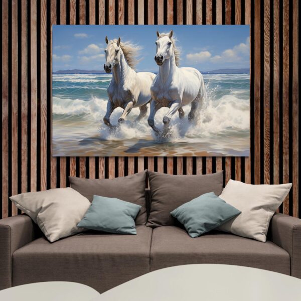 tableau chevaux a la mer mur bois