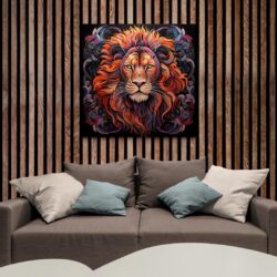 tableau lion pour chambre mur bois