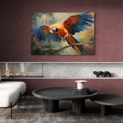 tableau peinture de perroquet mur rouge