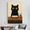 tableau chat noir japonais mur blanc 1.webp