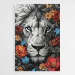 tableau lion monochrome et fleurs 1.webp
