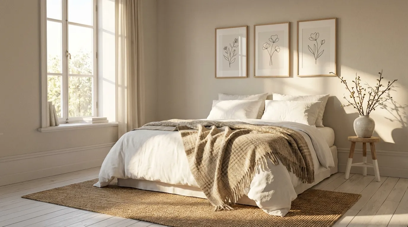 chambre scandinave deco cosy lit bois clair parure lin textile naturel lumiere douce