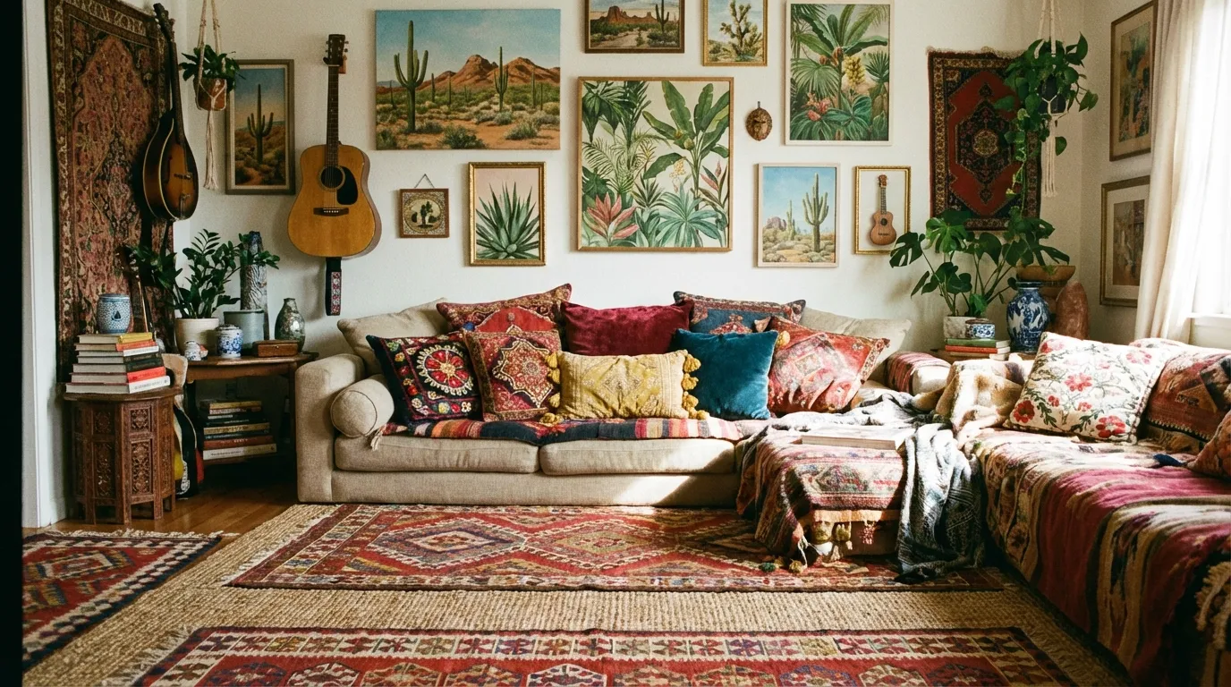 salon deco boheme chic accumulation textiles tapis ethnique plantes lumiere chaude