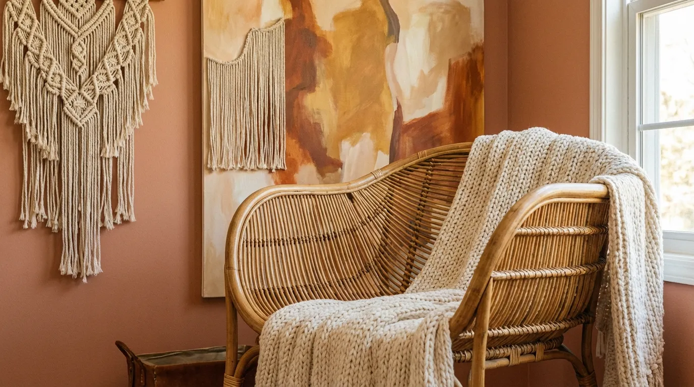 intérieur bohème chic matériaux rotin macramé terracotta plantes décoration murale ethnique