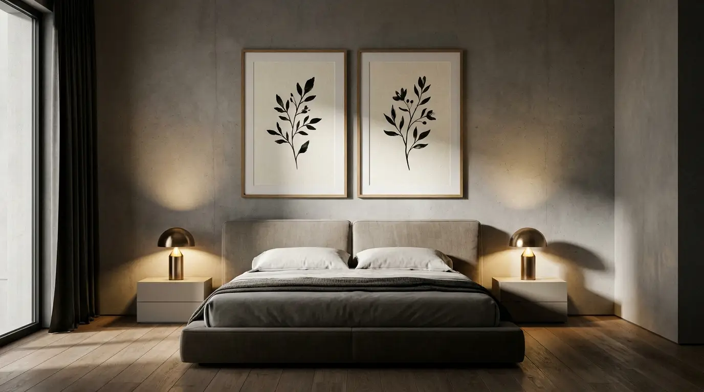 diptyque symétrique élégant au-dessus tête de lit chambre adulte affiche tête de lit déco murale chambre apaisante