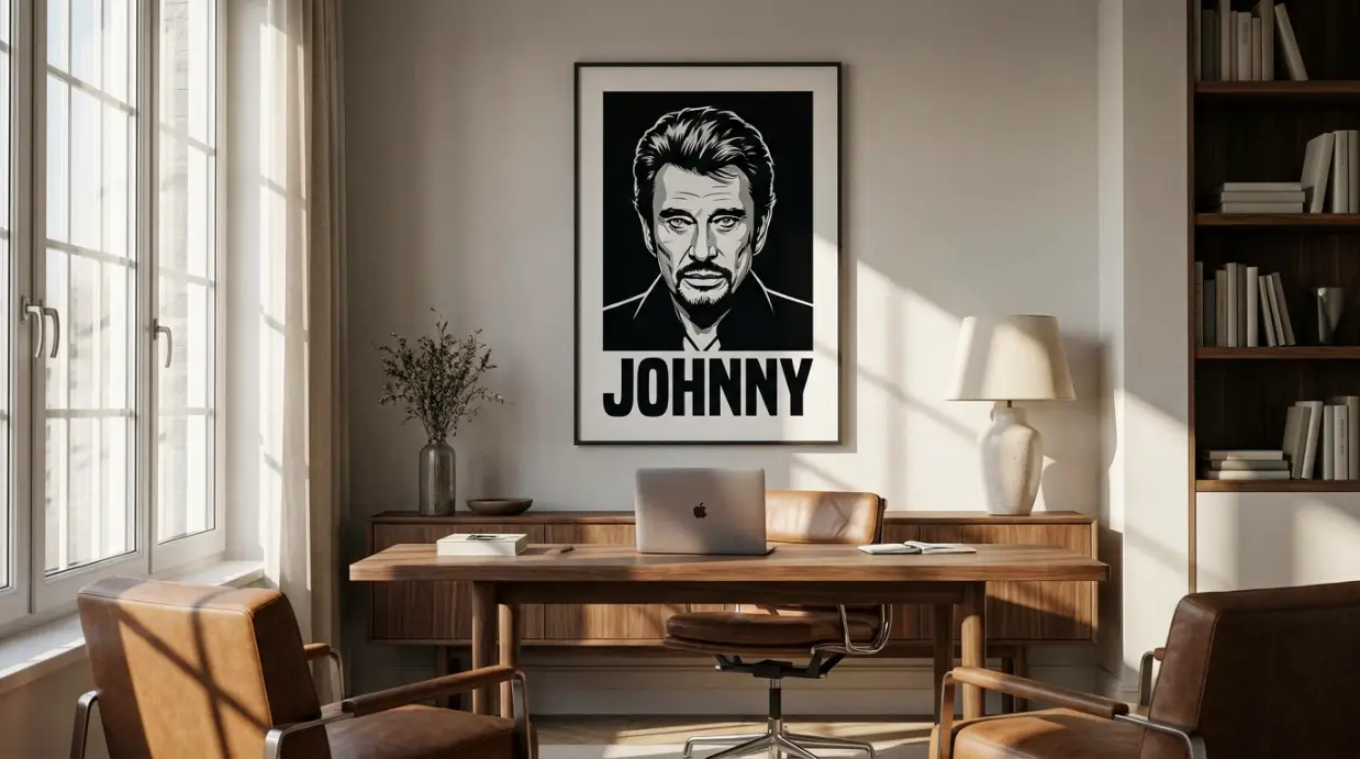 bureau premium contemporain affiche portrait icône inspirante au mur décoration tableau star espace travail créatif