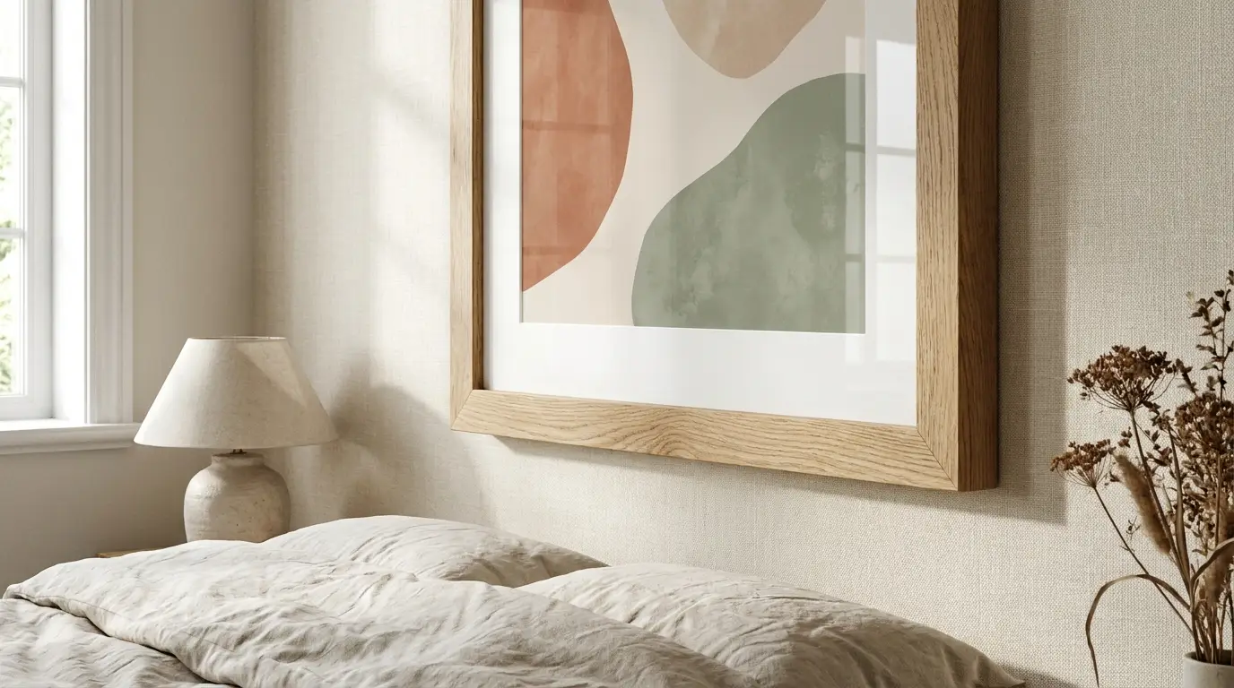 affiche chambre couleurs douces pastel cadre bois naturel décoration murale chambre adulte apaisante tête de lit
