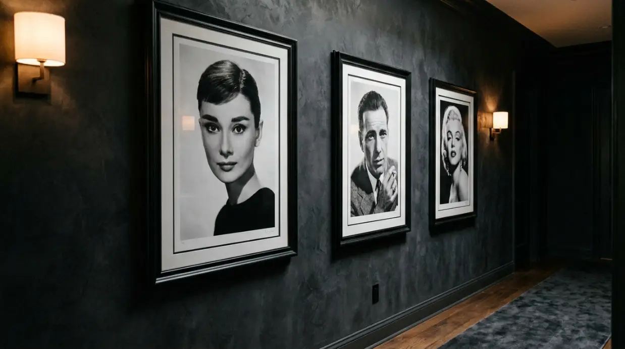 couloir sombre sophistiqué trois portraits noir et blanc icônes célébrités encadrés art mural élégant walk of fame