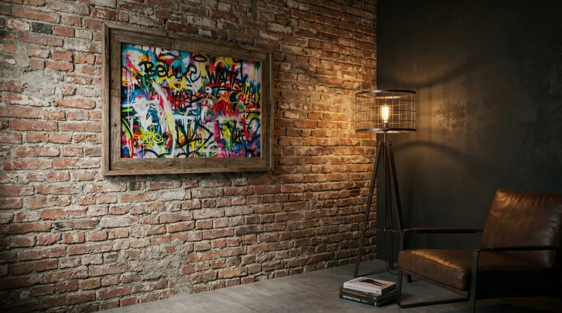 tableau street art encadré caisse américaine noire sur mur de pierre brute intérieur contemporain