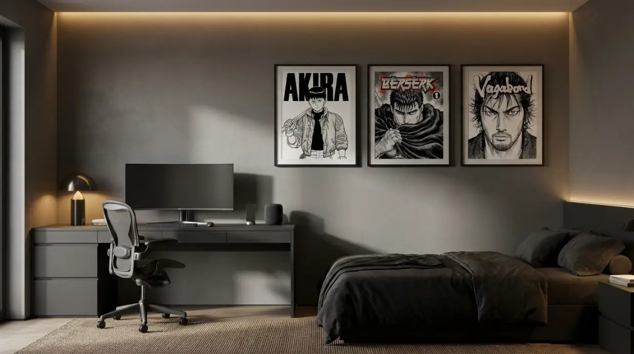 chambre adolescent haut de gamme gallery wall manga encadré cadres noirs uniformes décoration élégante pop culture