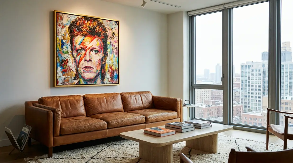 salon chic contemporain avec grand tableau pop art icône musicale texturé point focal décoration murale portrait star