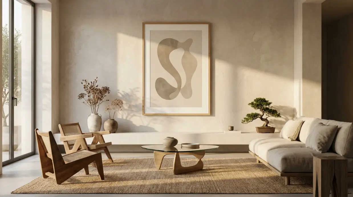 salon japandi minimaliste avec grande affiche abstraite zen tons neutres bois clair lumière naturelle