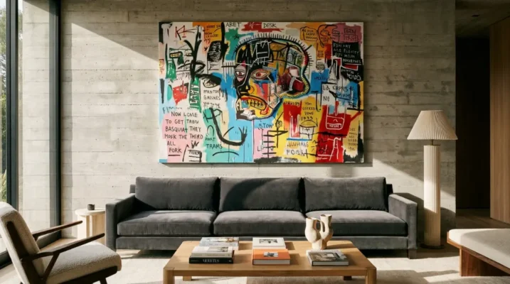 salon minimaliste avec tableu street art