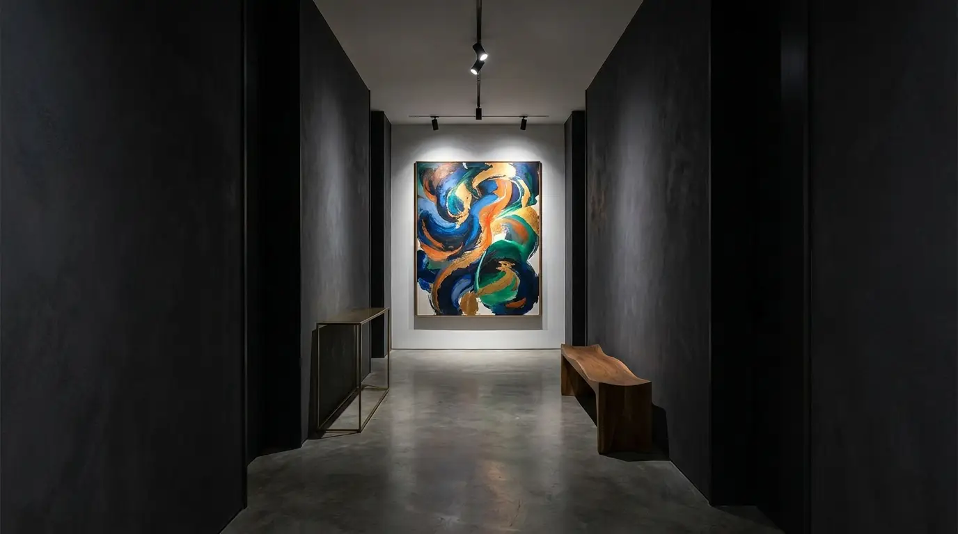 grand tableau captivant mur fond couloir long point focal déco couloir cadres tableau couloir long disposition cadres couloir