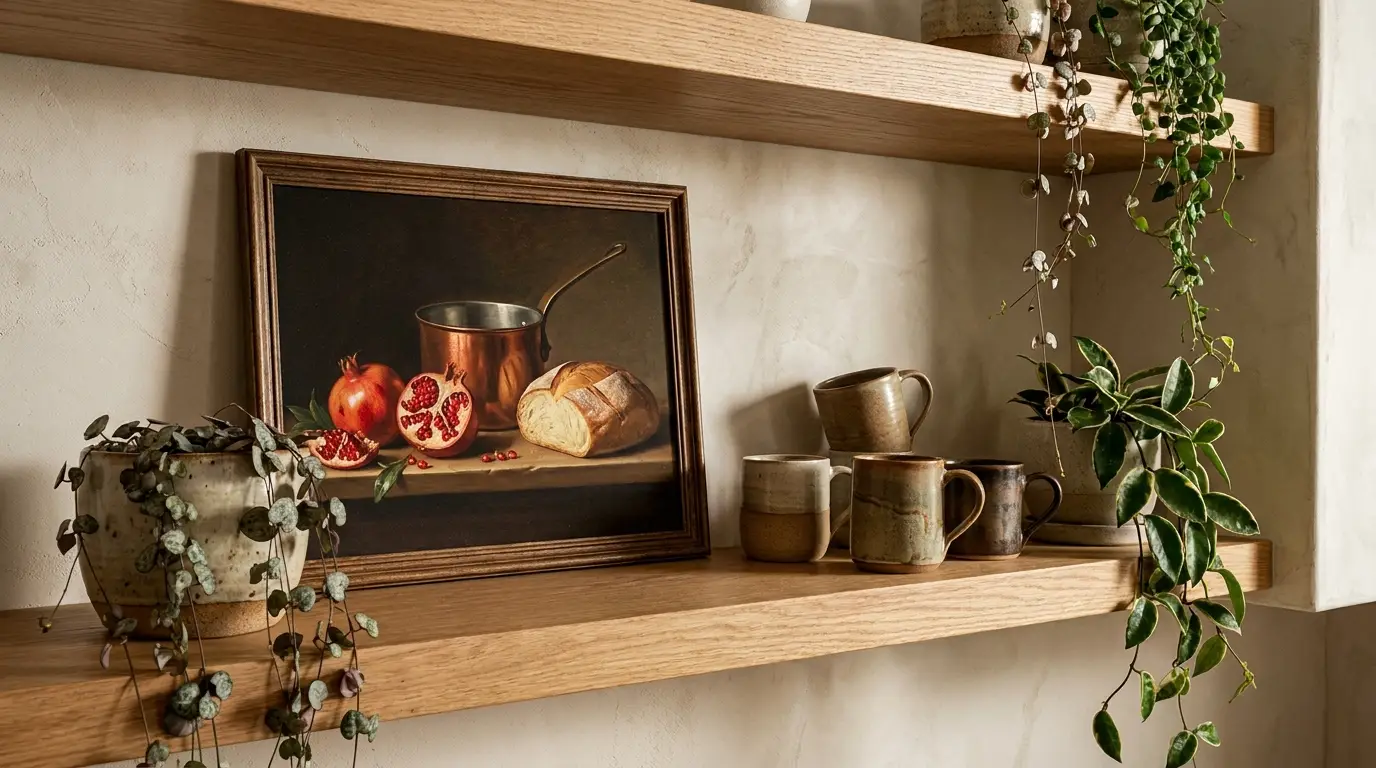 tableau posé sur étagère bois cuisine en chêne naturel déco murale coin repas élégant affiche posée négligemment