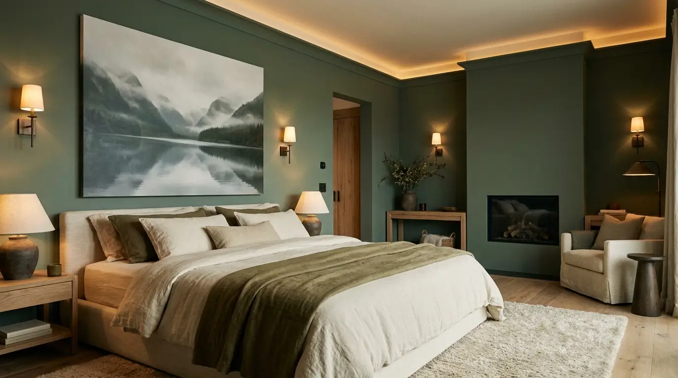 suite parentale premium grand tableau zen au-dessus du lit tête de lit décoration murale chambre adulte luxe apaisant