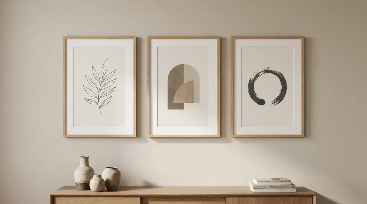 triptyque affiches japonaises minimalistes cadres bois clair mur blanc composition équilibrée déco zen japandi
