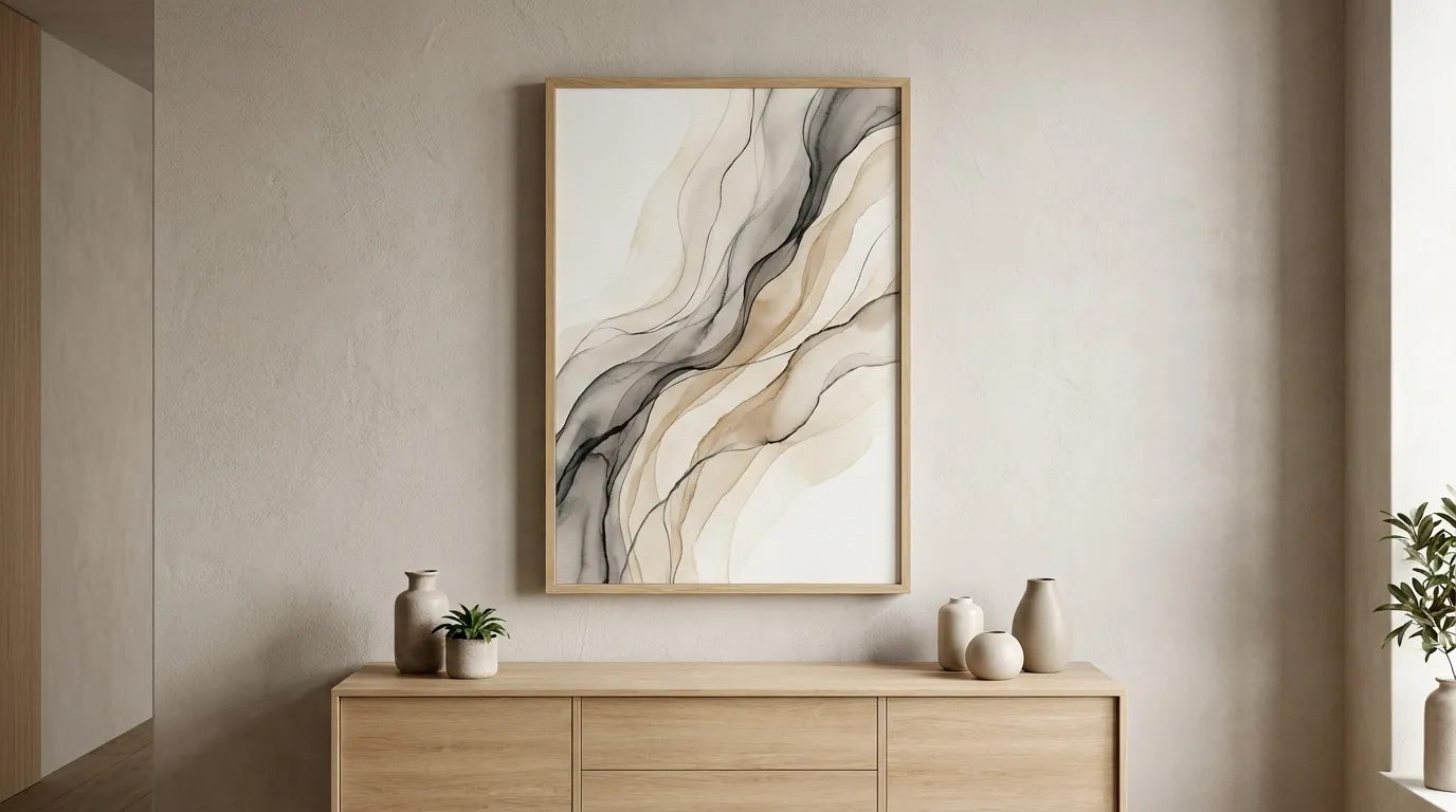 grand tableau art mural organique lignes fluides abstraites au-dessus enfilade bois salon minimalisme organique décoration contemporaine