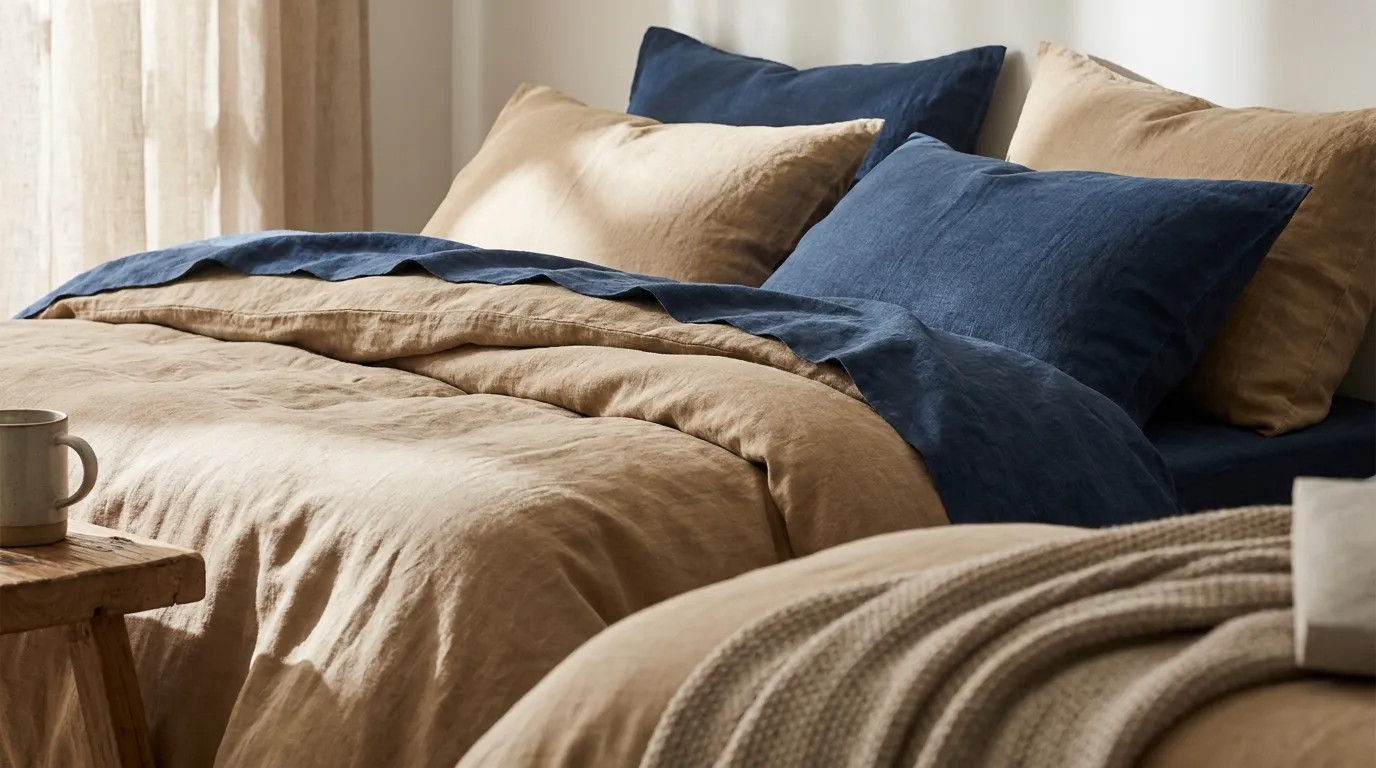 lit linge en lin lavé beige crème et bleu profond chambre transformative teal association textiles matières naturelles parure de lit tendance