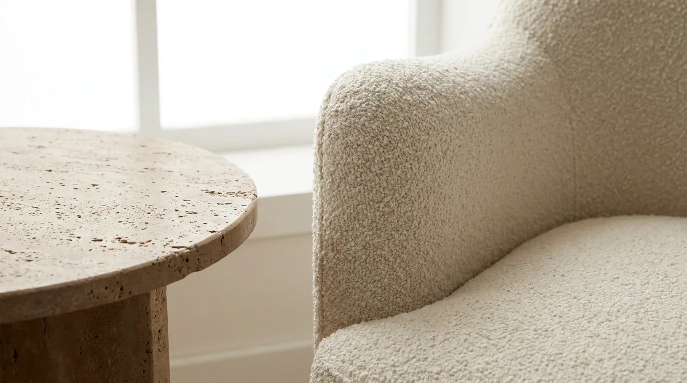 plan serré texture fauteuil bouclé blanc table travertin mat minimalisme organique détail matières naturelles décoration salon cosy