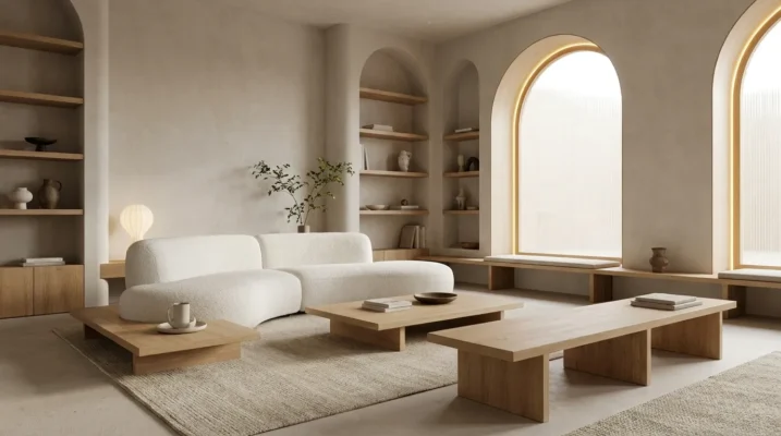 Salon minimaliste organique avec canapé courbe en laine bouclée