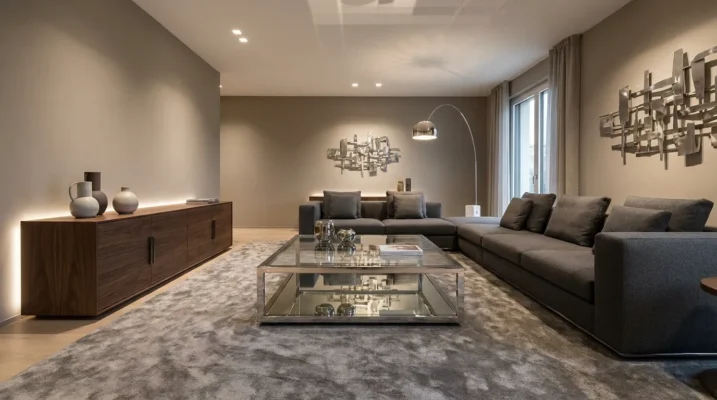 Salon moderne avec table basse en chrome et verre
