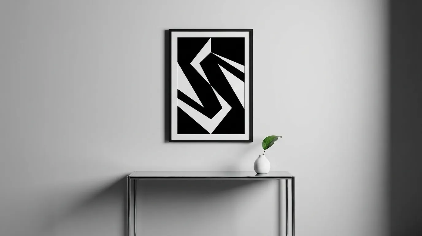 tableau graphique noir et blanc au-dessus console en chrome déco rétro moderne art mural contrasté salon contemporain style années 70