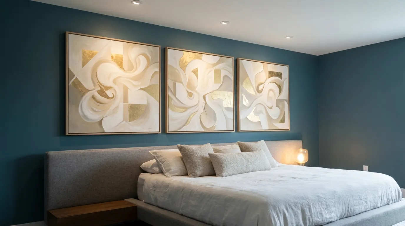 triptyque tableaux lumineux fond crème beige sur mur bleu vert foncé transformative teal chambre décoration art mural contraste élégant