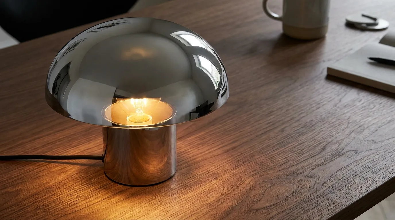 lampe champignon chromée posée sur meuble en noyer bois foncé décoration rétro moderne association métal chaud matières naturelles